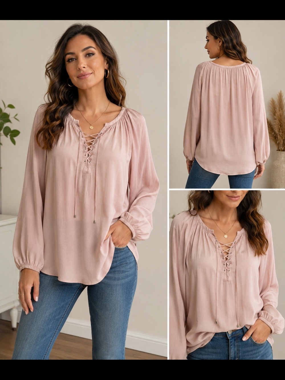 Jennifer Lopez Blush Pink Lace Up Peasant Blouse Size L Boho Romantic